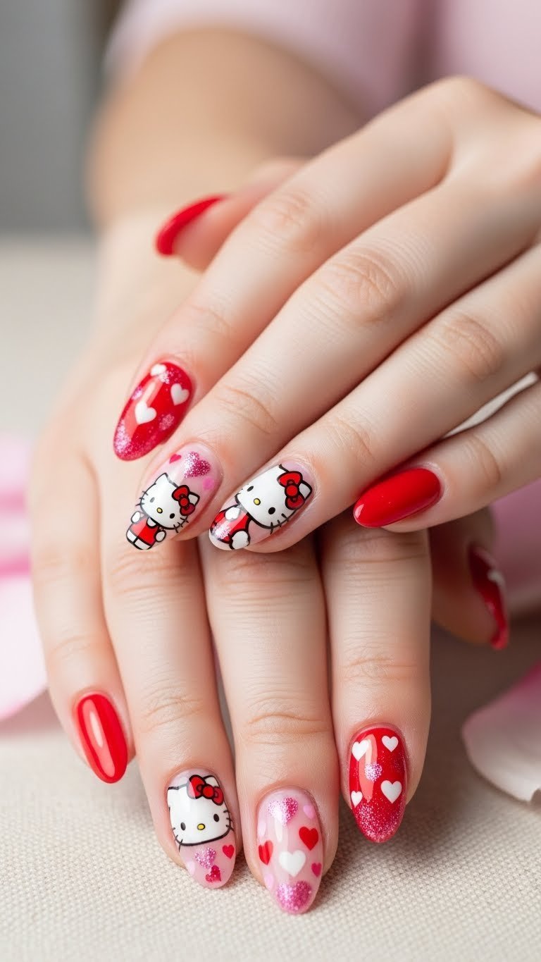 Close-up of almond-shaped nails featuring classic Hello Kitty designs with red bows and pink hearts on glossy finish against soft natural light.