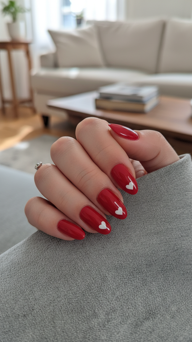Close-up of almond-shaped nails with vibrant red polish and crisp white hearts on grey fabric background