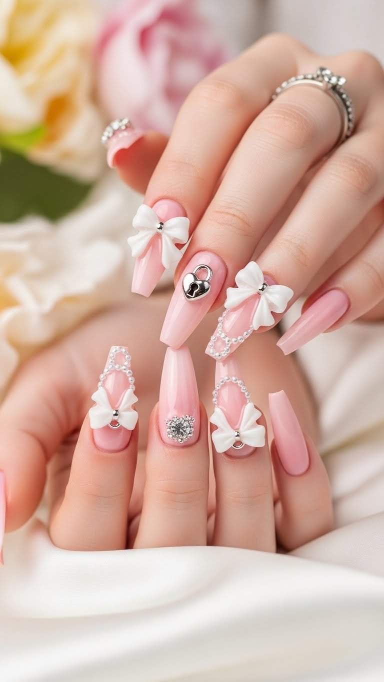 Close-up of almond-shaped pink nails with delicate 3D white bows and silver heart charms on silk fabric background