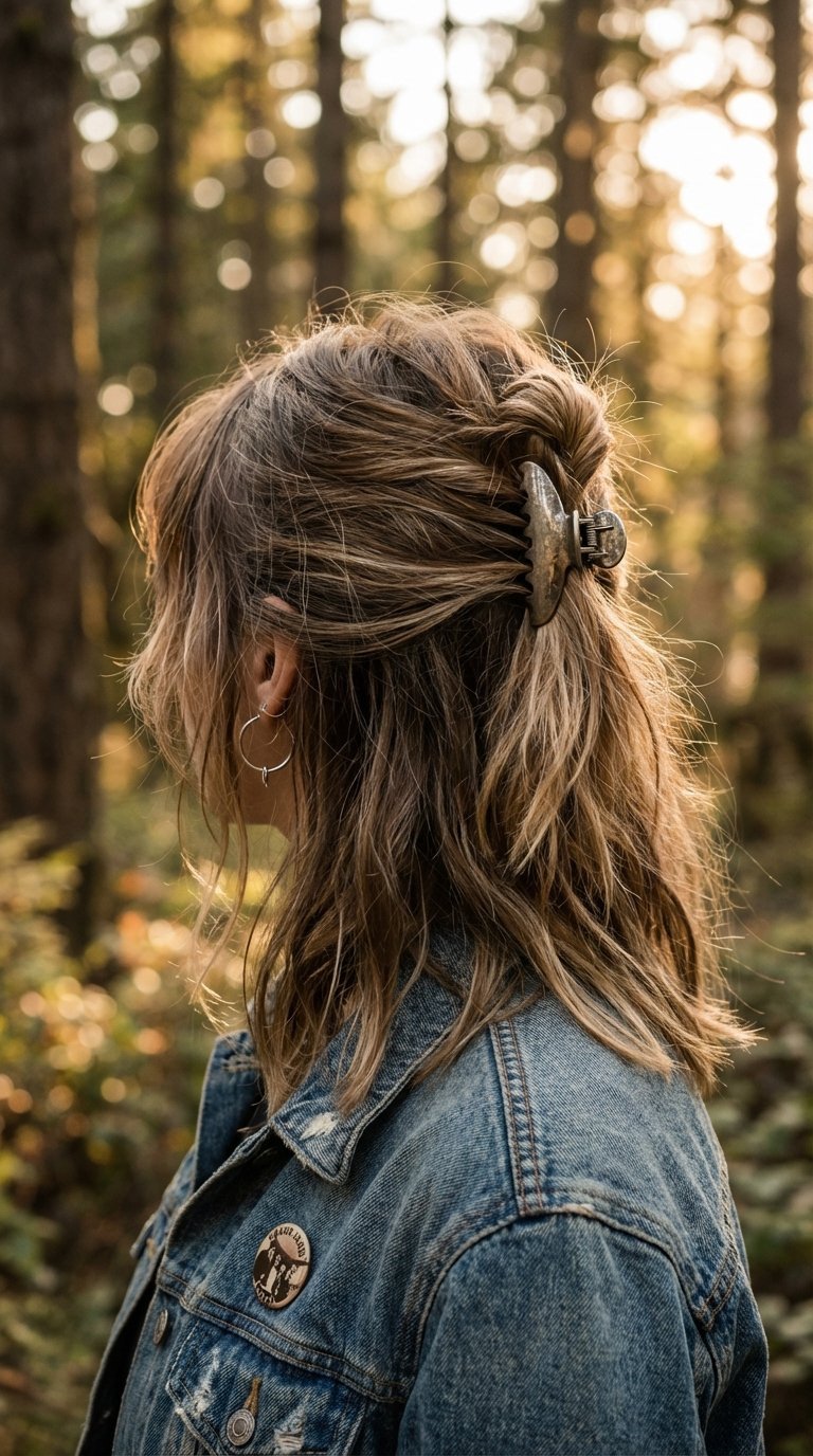 Close-up of alt half-updo hairstyle with messy top section against softly blurred forest backdrop with filtered sunlight