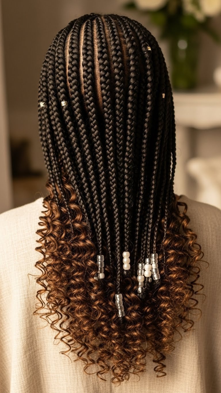 Close-up of black girl's Goddess braids with curly ends and pearlescent beads on linen fabric