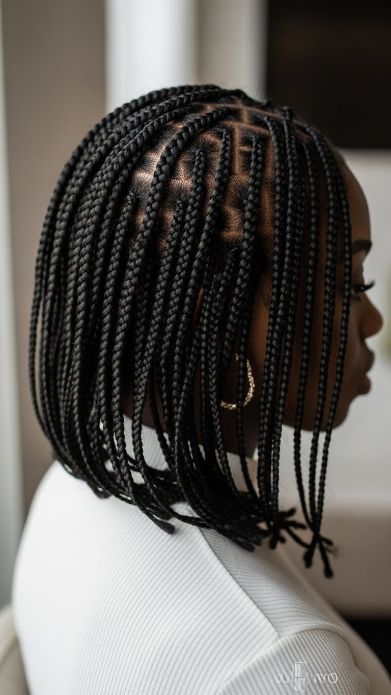 Close-up of black girl's chic small plaits with elegantly tucked ends against sophisticated minimalist backdrop