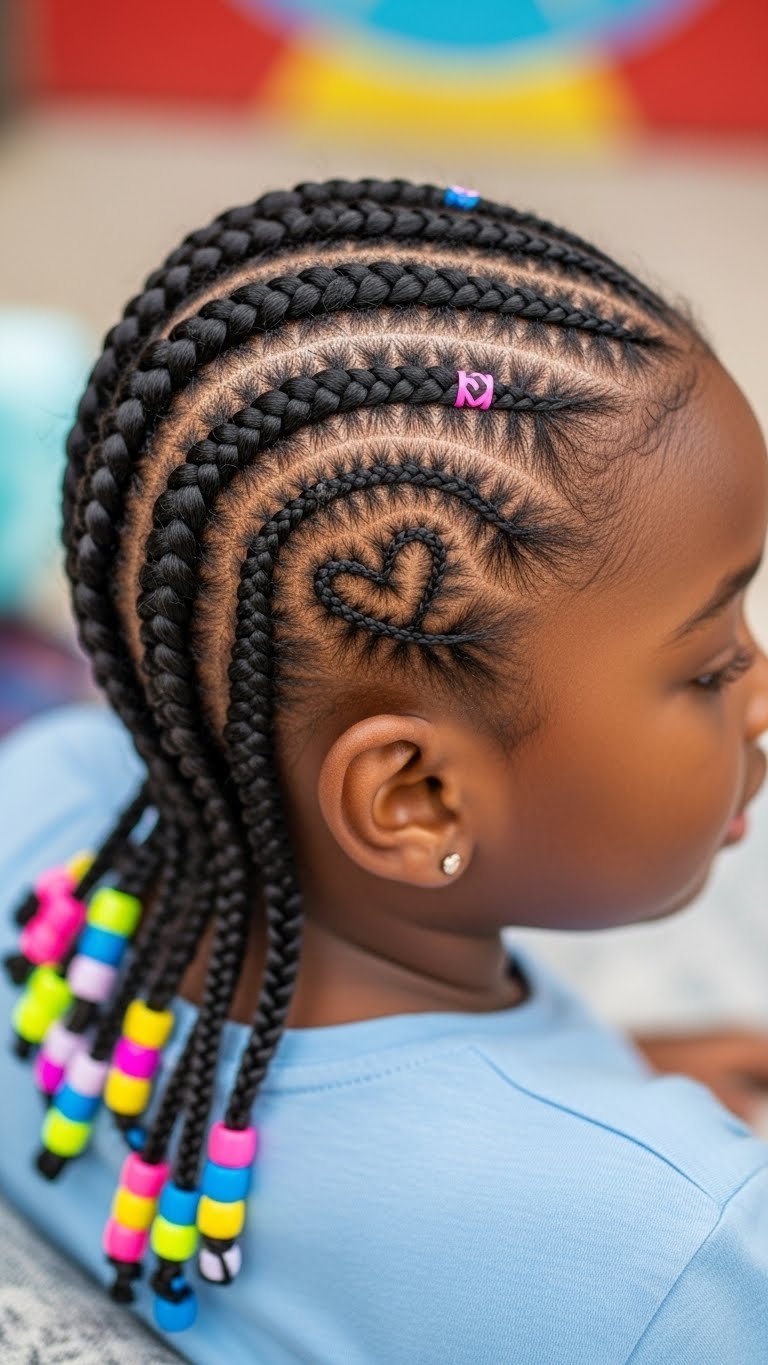 Close-up of black girl's cornrows with heart design and colorful beads on textured fabric background