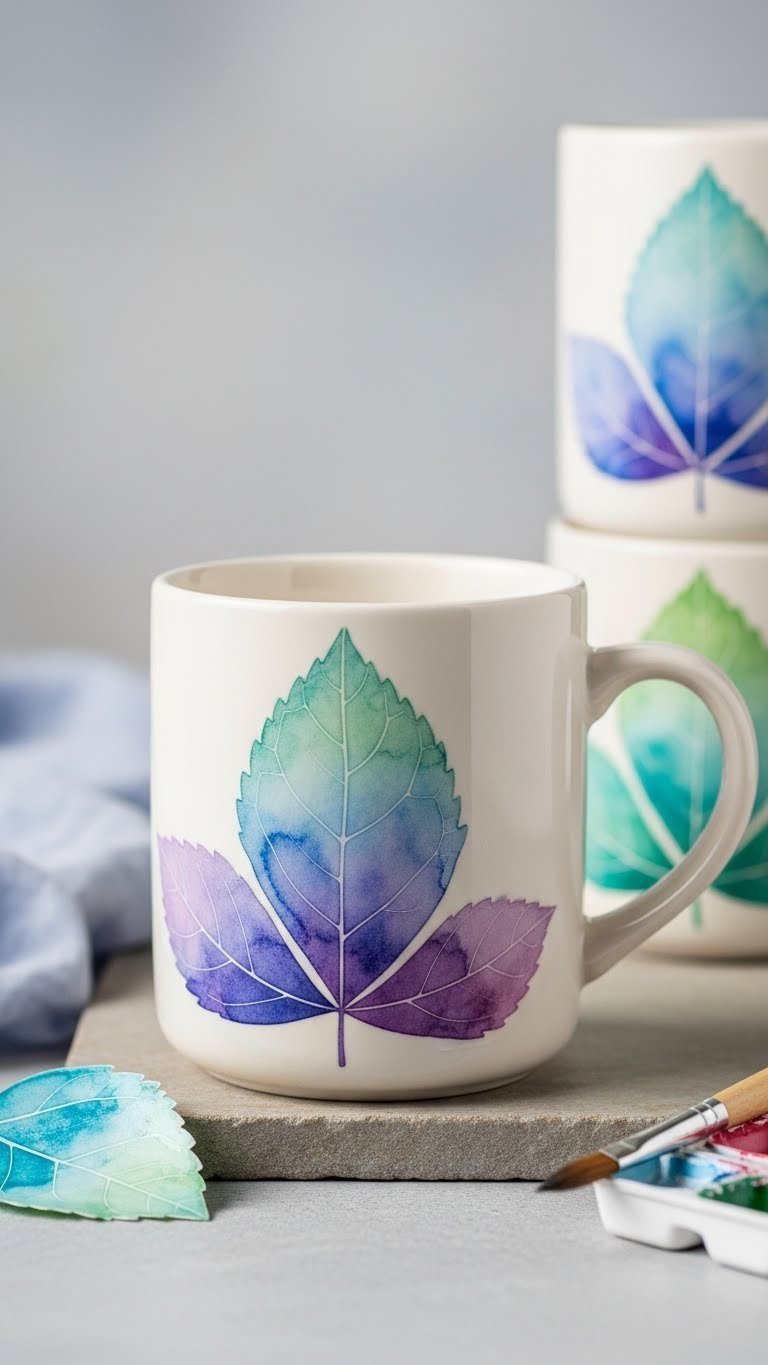 Close-up of ceramic mug with watercolor gradient leaf design in soft blues and greens on a smooth stone surface
