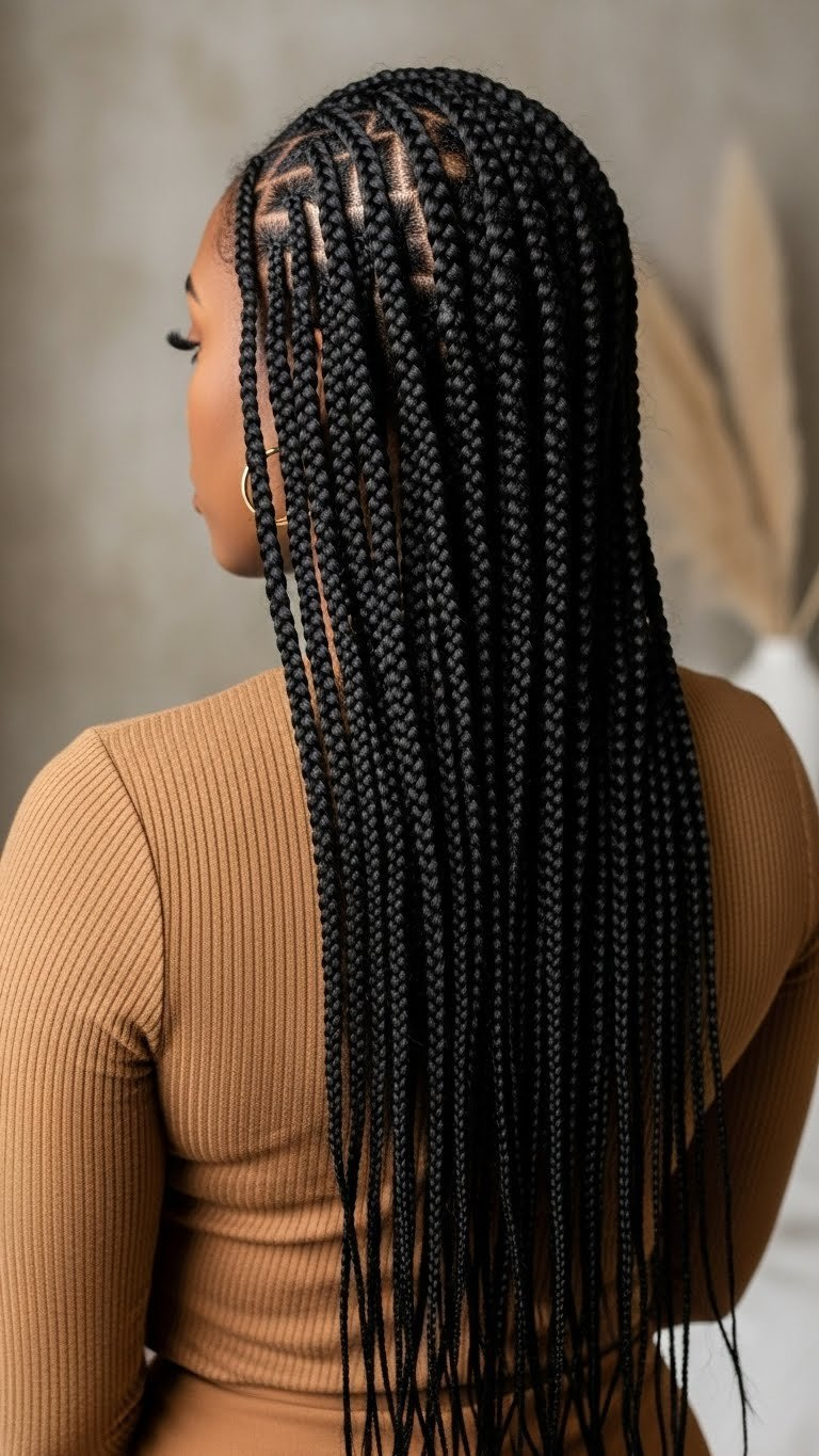 Close-up of chic knotless box braids on a black woman showcasing intricate parts and uniform thickness with soft natural lighting.