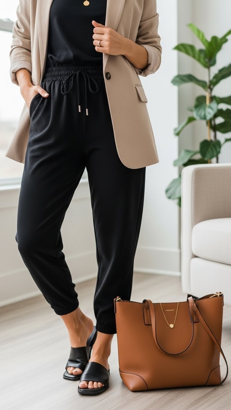 Close-up of chic work outfit featuring black tapered joggers and structured beige blazer in minimalist interior