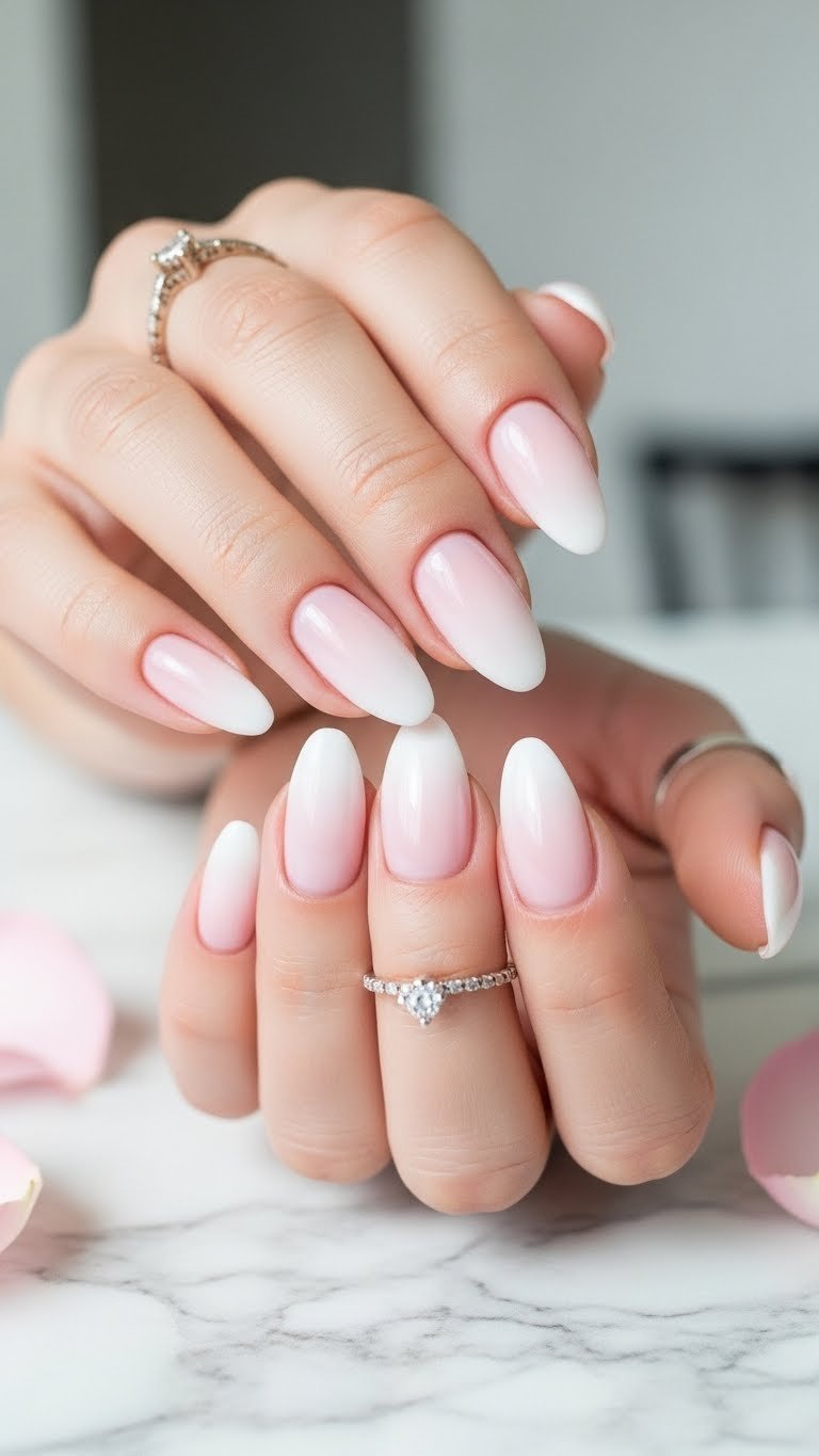 Close-up of classic pink and white ombre short almond nails on marble countertop with soft natural lighting and delicate ring accent