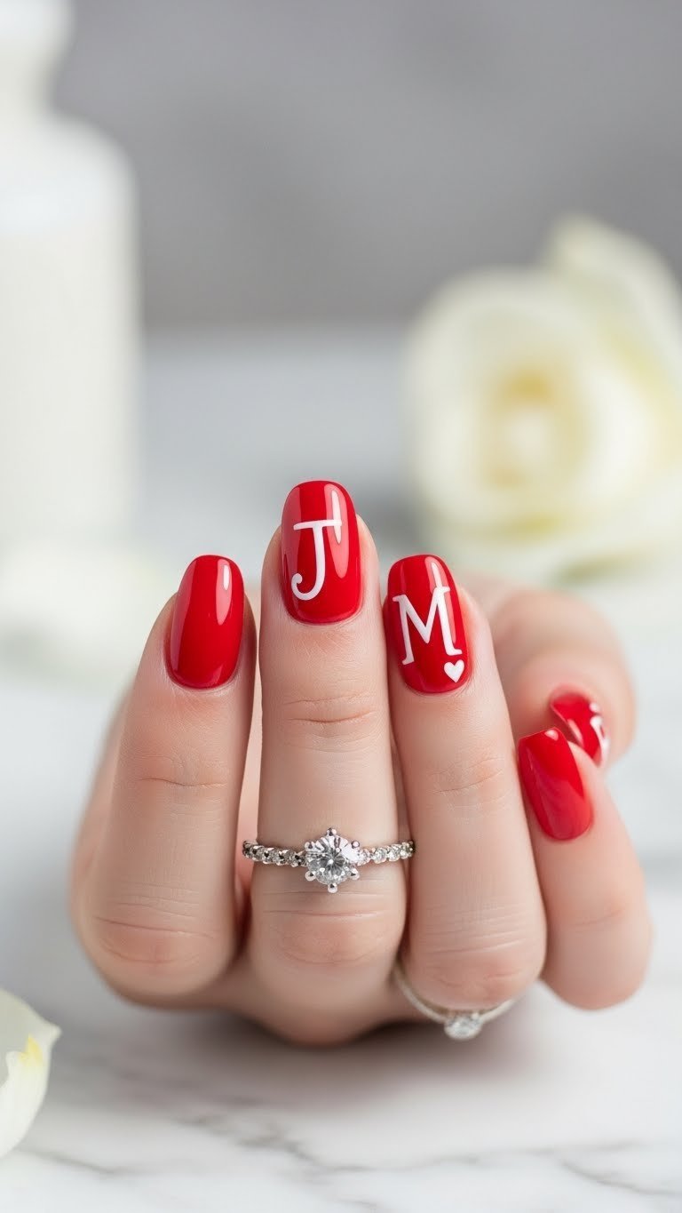 Close-up of classic red and white initial accent nail with delicate heart on marble background