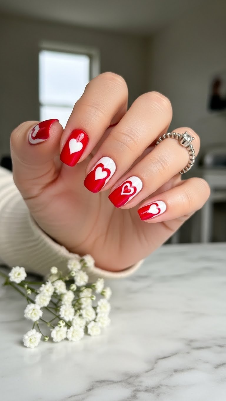 Close-up of classic red and white yin yang heart nails with glossy finish against marble surface and soft natural lighting