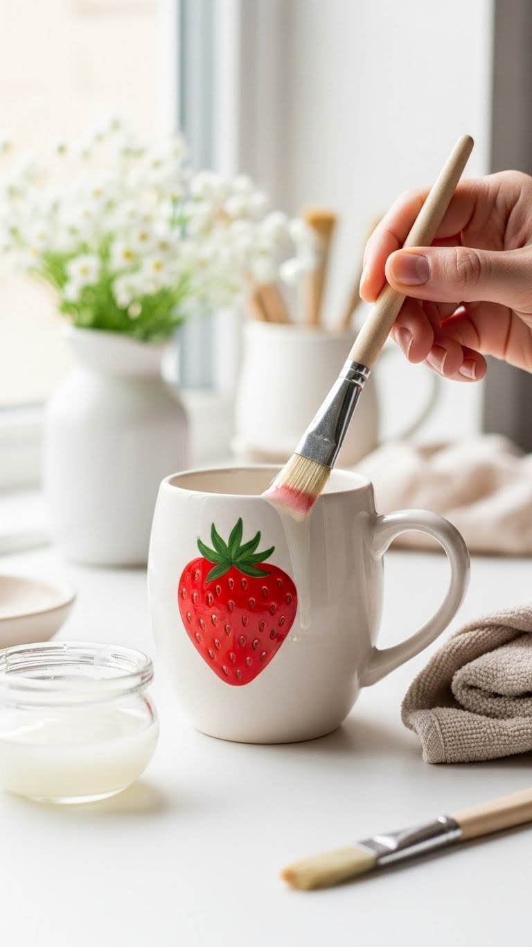 Close-up of clear food-safe glaze being brushed over vibrant red hand-painted strawberry on ceramic mug.