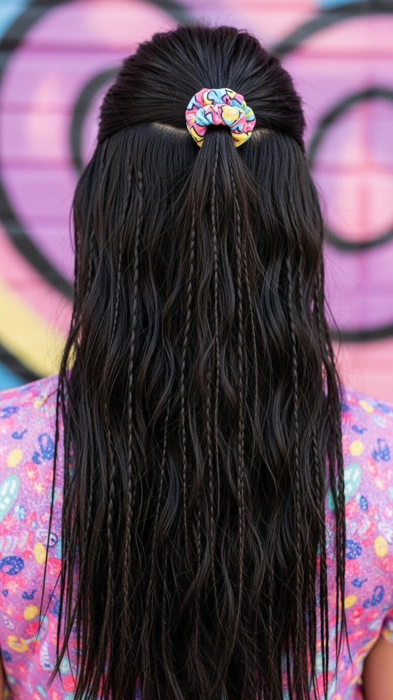 Close-up of crimped 90s hair with zig-zag texture on dark-haired model against retro-inspired background