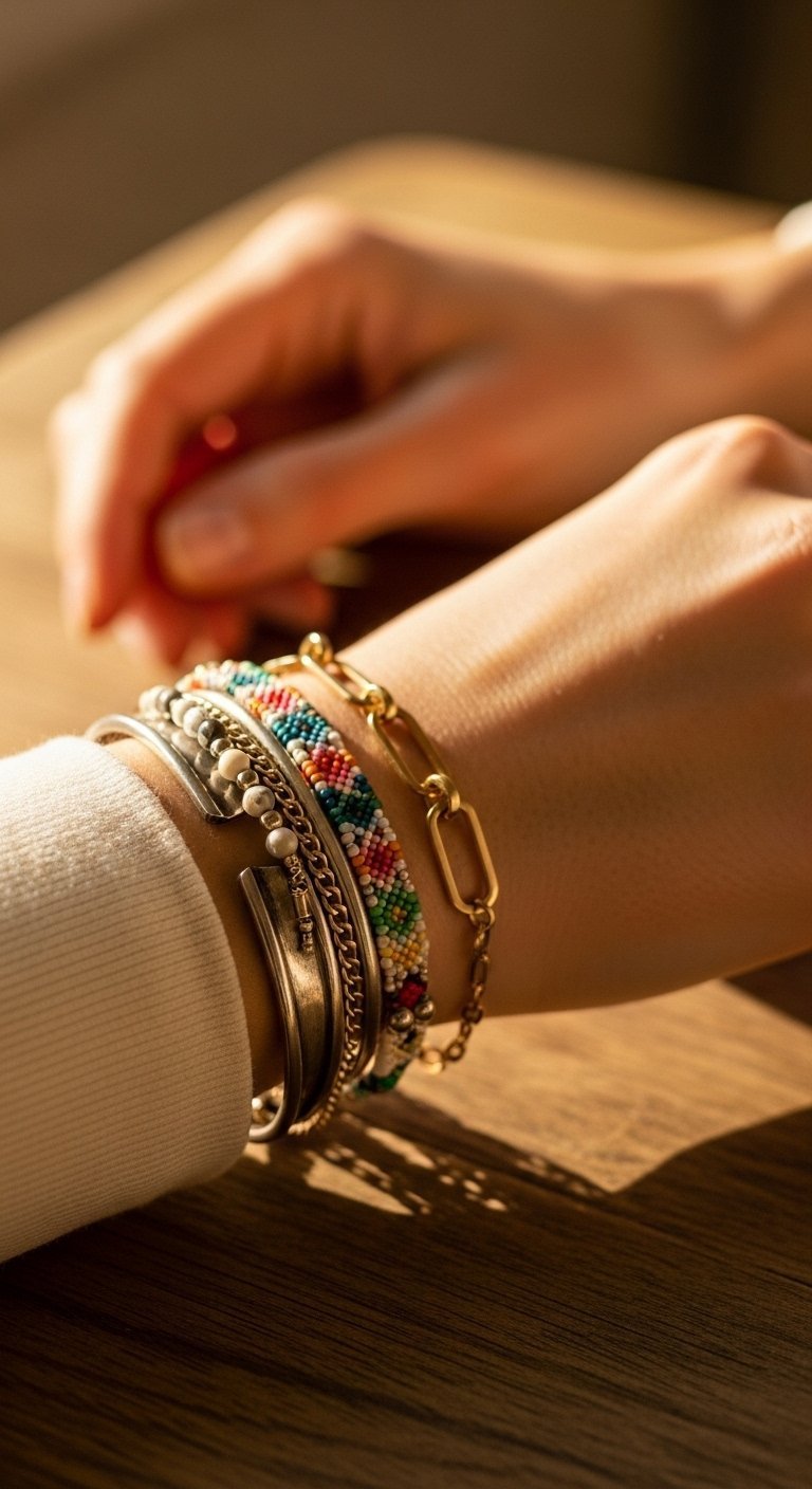 Close-up of curated bracelet stack including vintage silver cuff, colorful beaded friendship bracelet, and gold chain