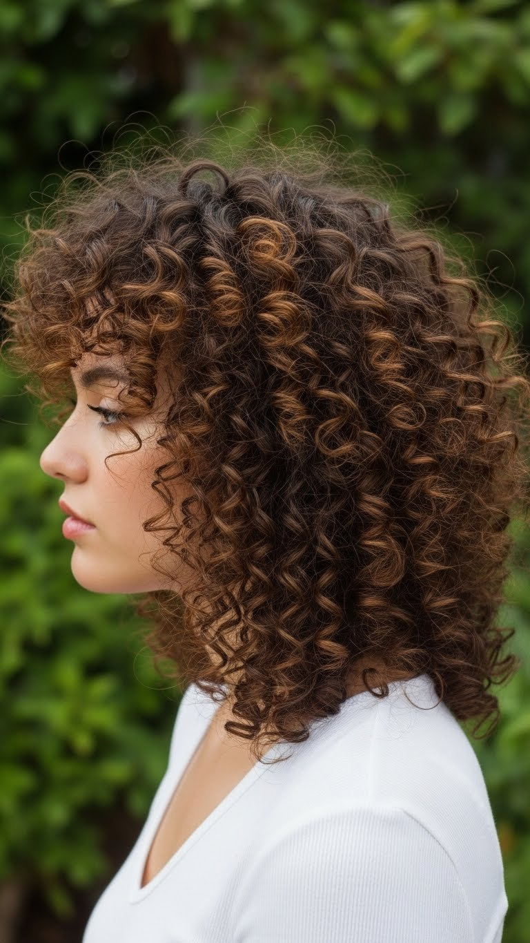 Close-up of curly hair with strategic layers framing round face in natural outdoor garden setting
