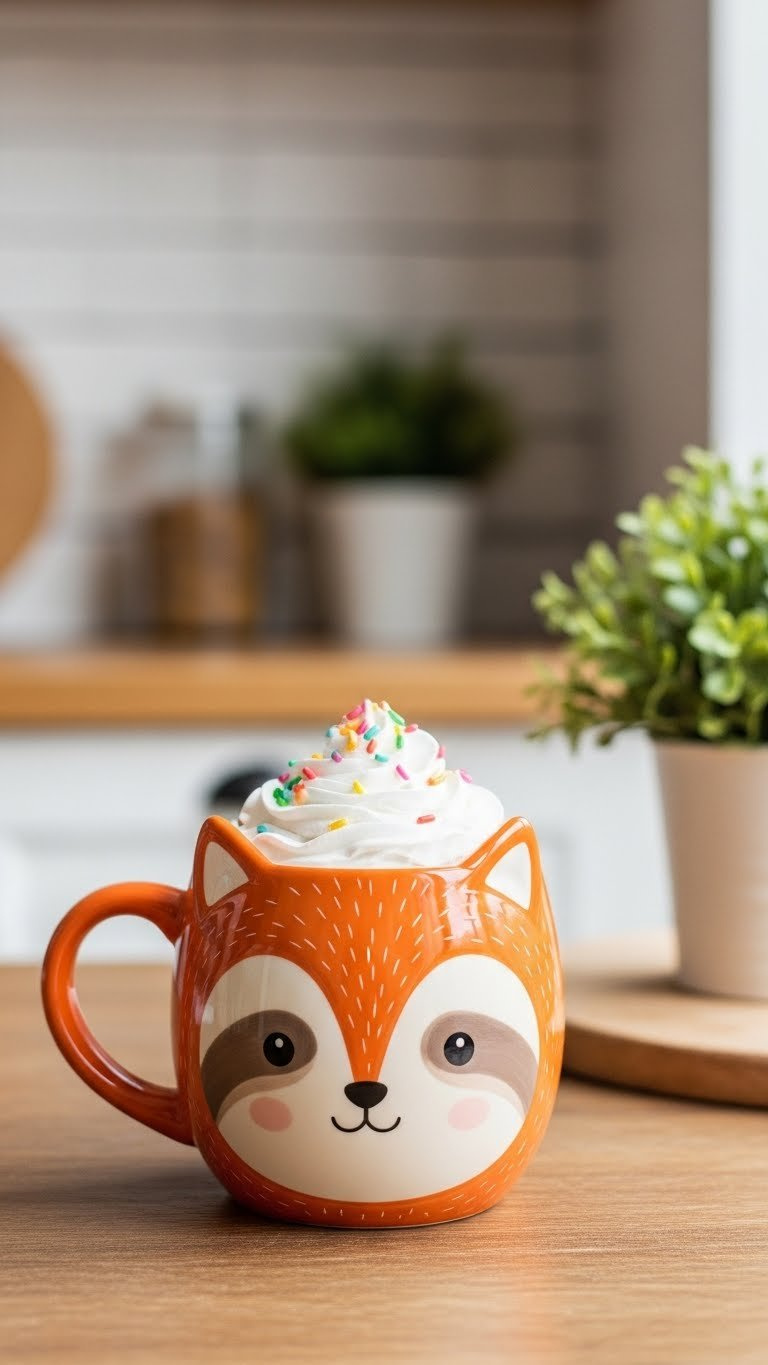 Close-up of cute hand painted mug with whimsical animal face design on rustic wooden table in soft natural light