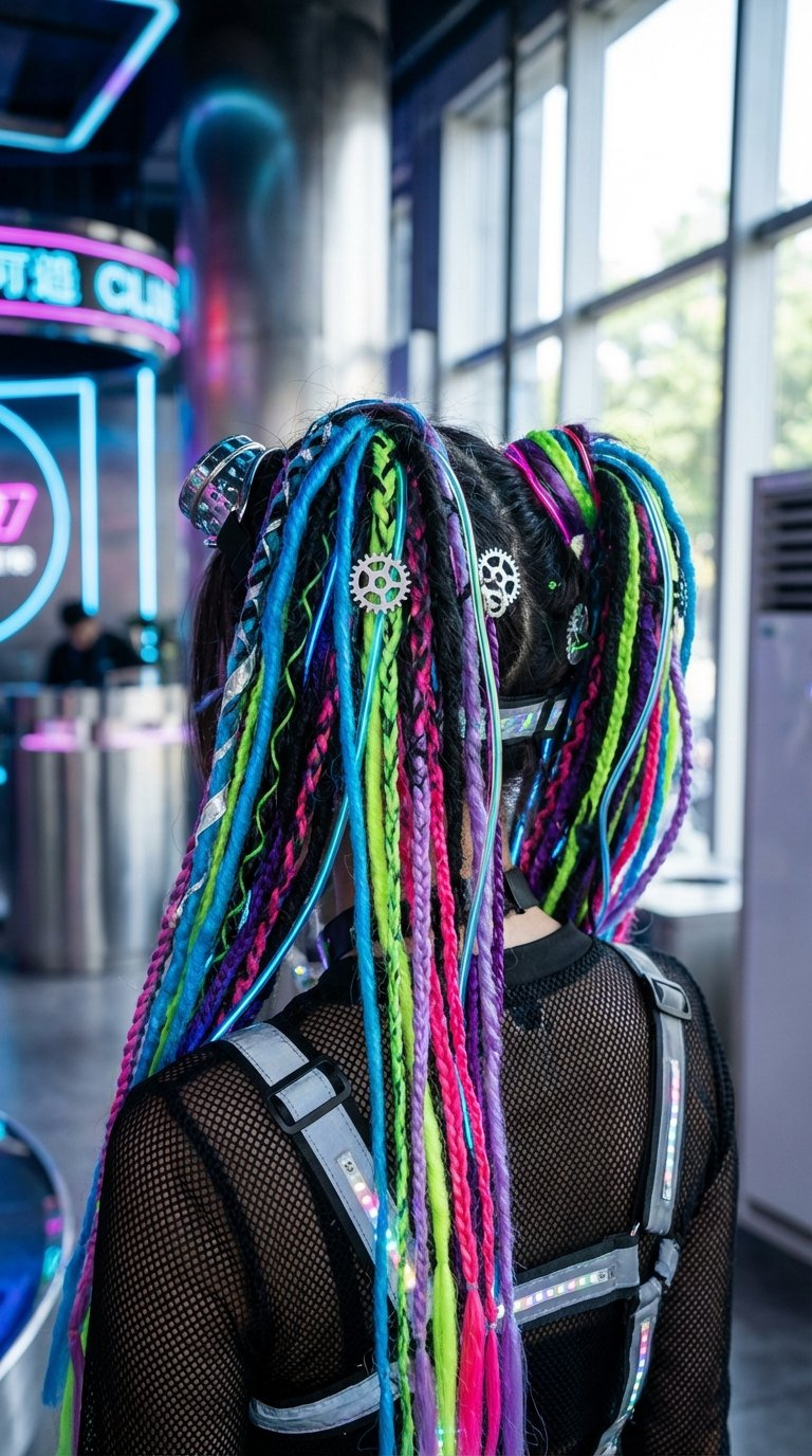 Close-up of cyber goth pigtails with colorful dreadfalls against futuristic neon light backdrop