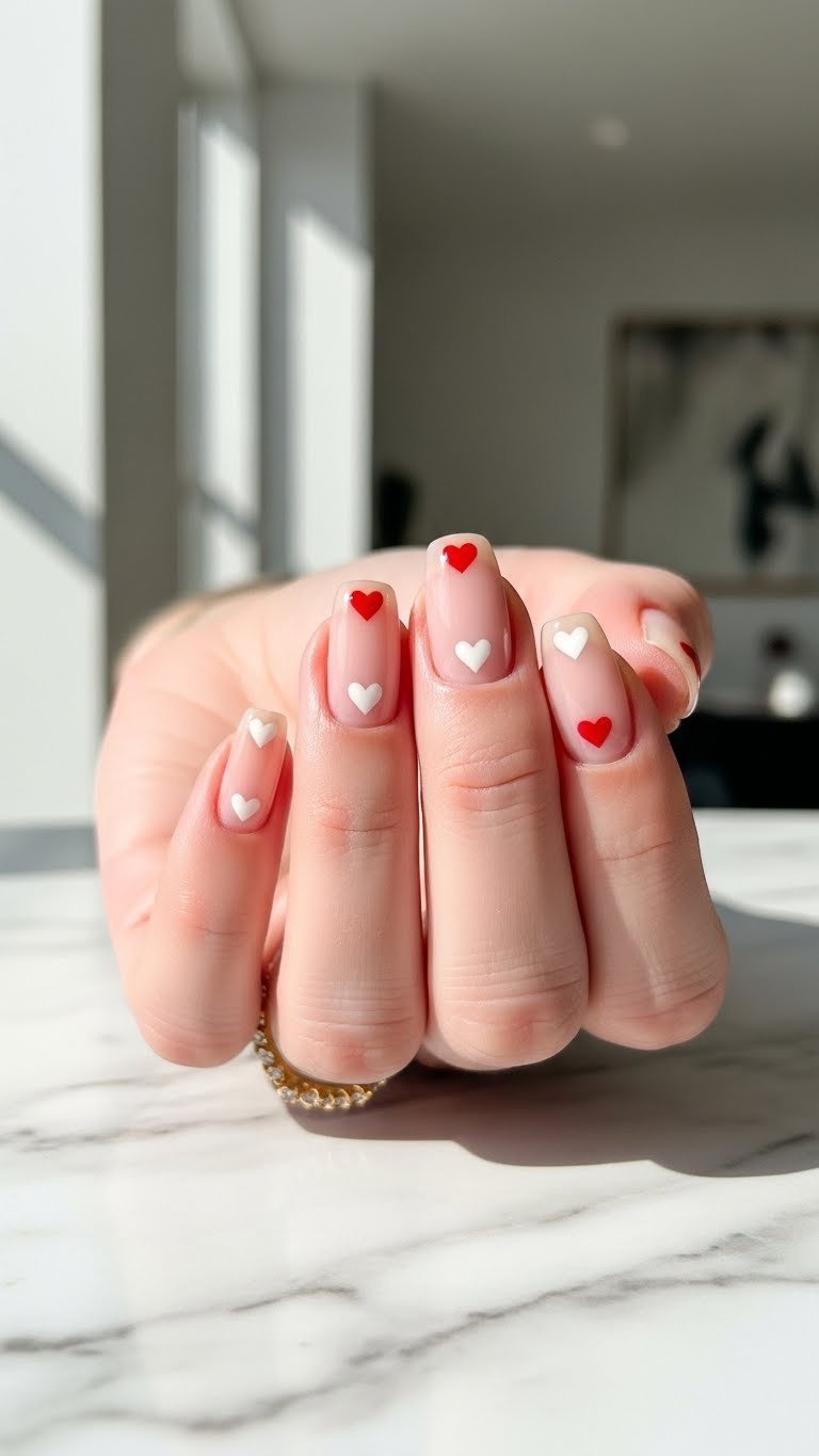 Close-up of delicate mini red hearts on sheer nude nails with soft natural lighting and marble background