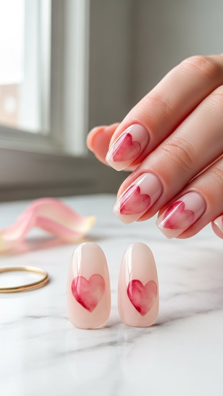 Close-up of delicate watercolor blooming gel hearts on manicured nails with soft pink and red hues against marble background