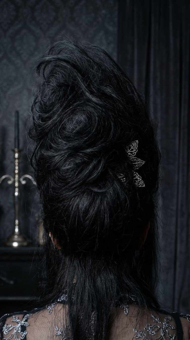 Close-up of dramatic voluminous teased goth hairstyle with rich black texture against soft bokeh background