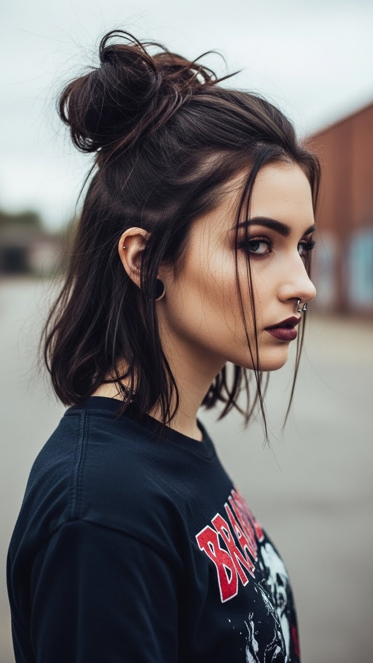 Close-up of edgy grunge aesthetic messy space buns on dark hair with face-framing strands, against a blurred urban brick background.
