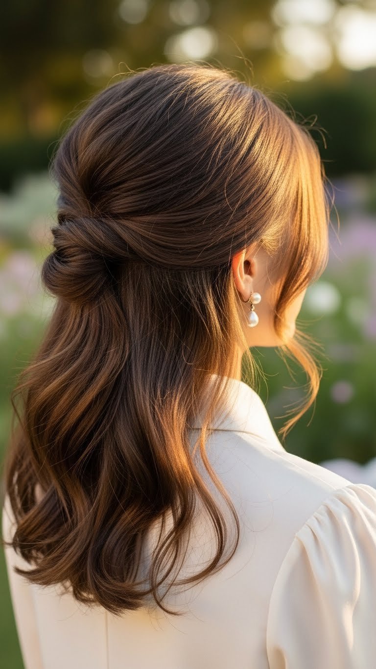 Close-up of elegant half-up half-down hairstyle with face-framing strands and romantic swept-back section in golden hour light