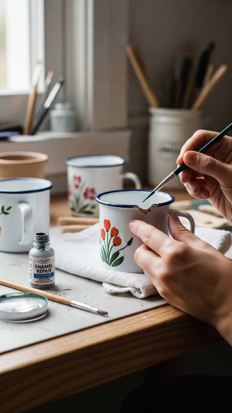 Close-up of enamel mug repair showing hand applying paint to chip on wooden workbench with repair kit