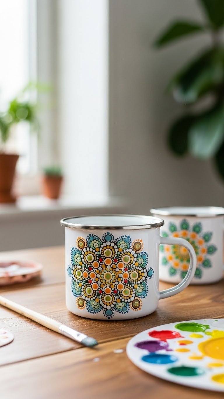 Close-up of enamel mug with intricate mandala dot art pattern on rustic wooden table with soft natural lighting and bokeh background
