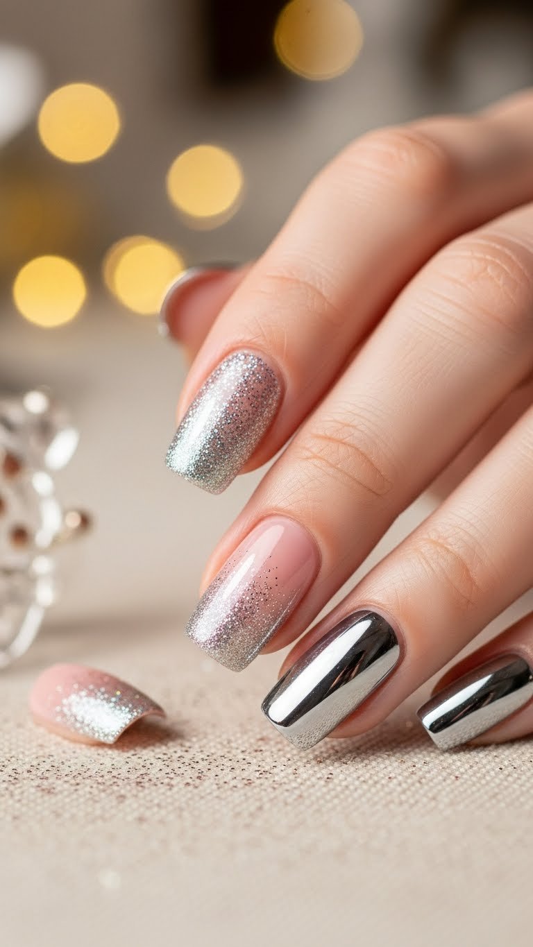 Close-up of glitter chrome ombre nails transitioning from dense glitter to chrome on linen tablecloth