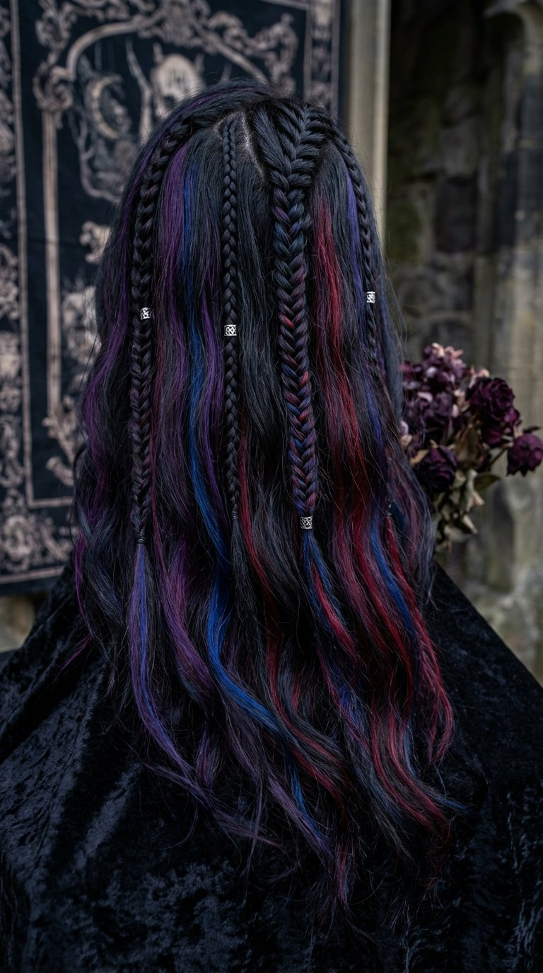 Close-up of goth hair with braided accents and vibrant colorful streaks against ornate tapestry