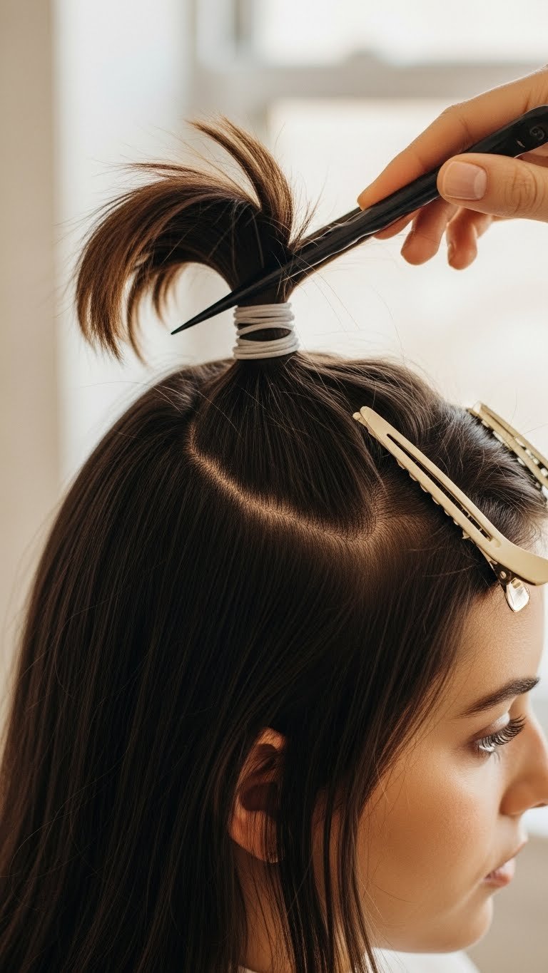 Close-up of hair sectioning technique showing face-framing layers preparation for butterfly haircut