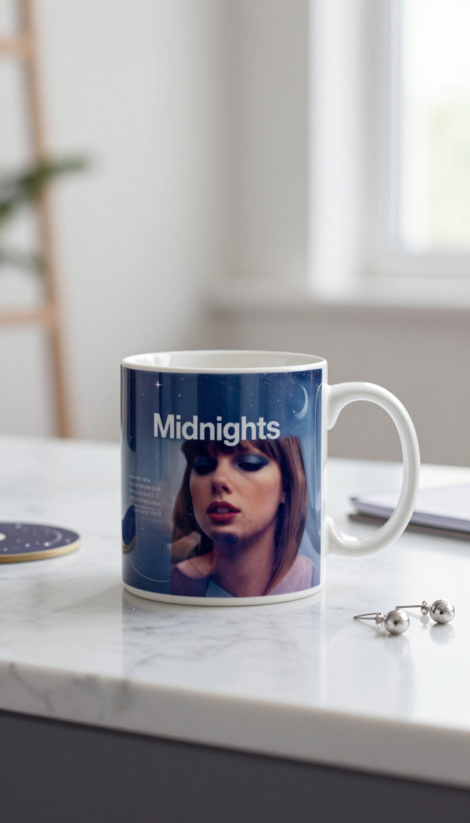 Close-up of hand-painted Taylor Swift Midnights album mug with celestial design featuring deep blues, purples, and shimmering stars against marble countertop