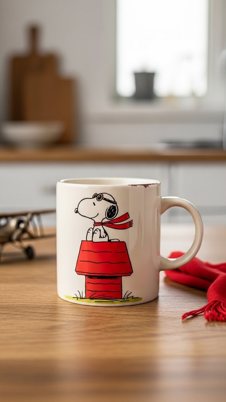 Close-up of hand-painted ceramic mug featuring Snoopy as Flying Ace with red scarf on rustic wooden table against soft bokeh kitchen background.