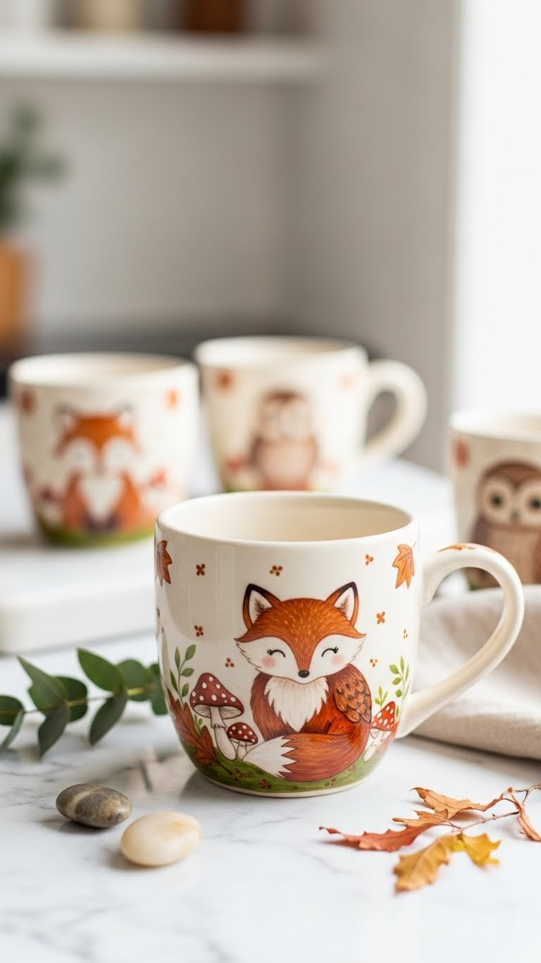 Close-up of hand-painted ceramic mug with intricate woodland animal fox illustration among autumn leaves and mushrooms