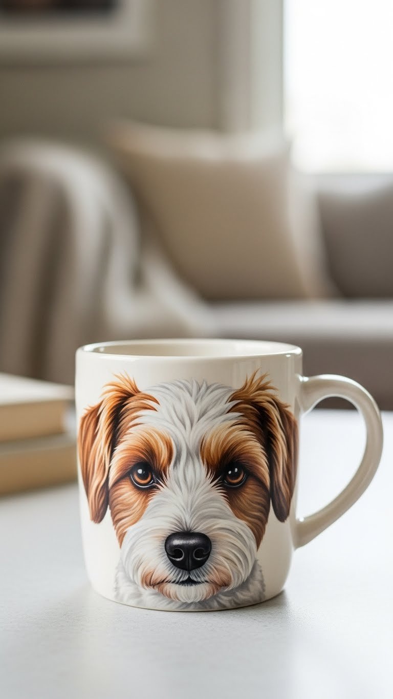 Close-up of hand-painted ceramic mug with realistic dog portrait featuring intricate fur textures and lifelike eyes against soft bokeh background