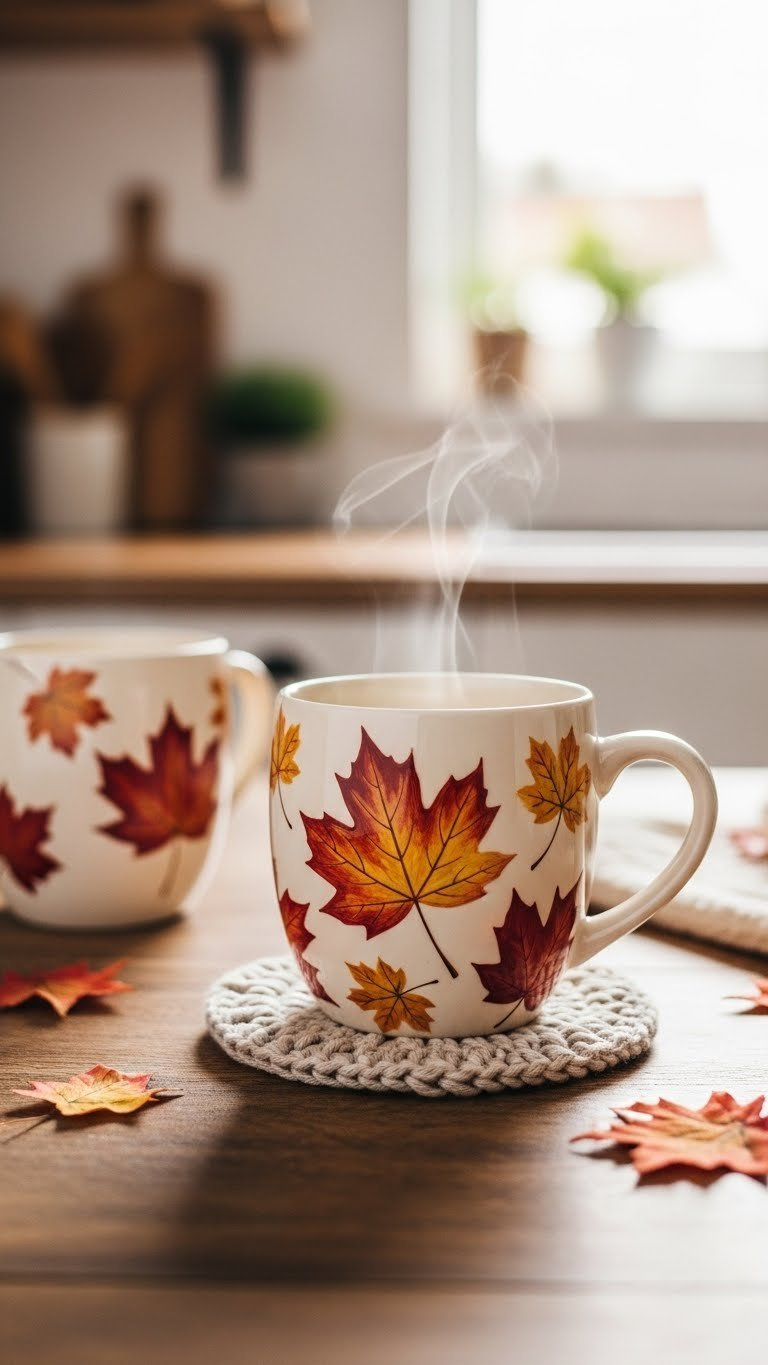 Close-up of hand-painted ceramic mug with vibrant autumn leaves design in reds, oranges, and golds on rustic wooden table
