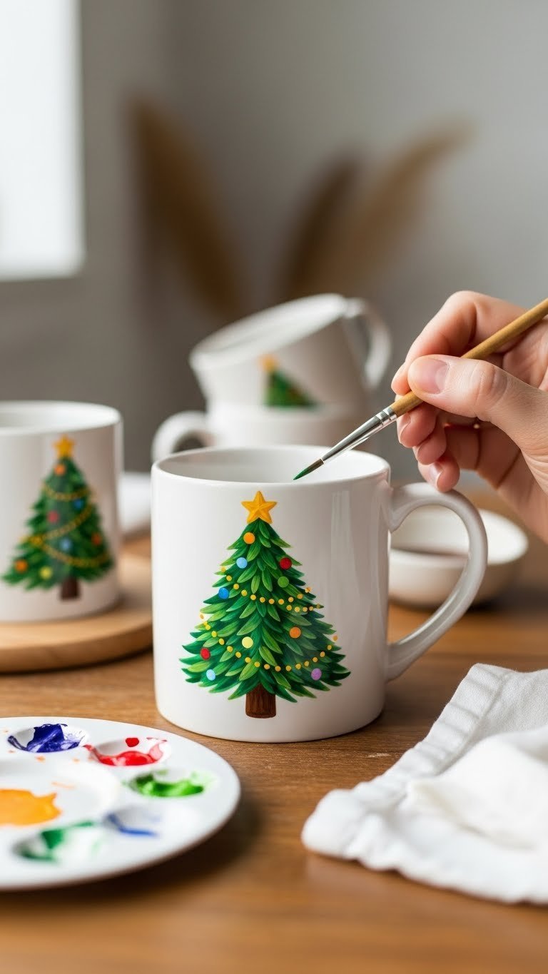 Close-up of hand-painted green Christmas tree mug with colorful ornaments and gold star on rustic wooden table