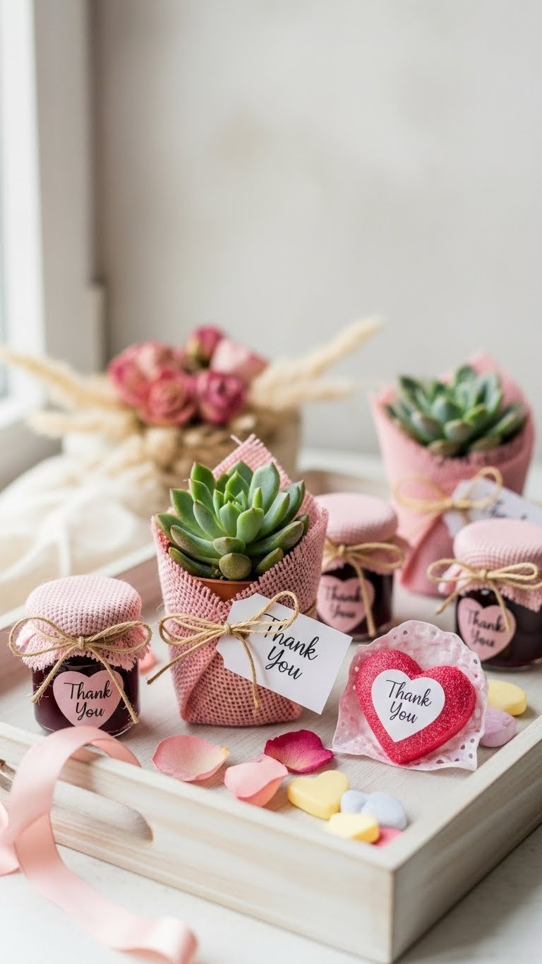 Close-up of handmade heart-themed baby shower favors including jars and succulent plants