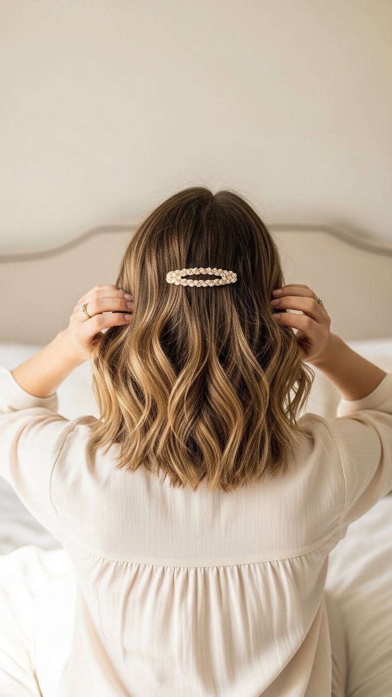 Close-up of heatless curls technique on dark blonde butterfly haircut showing natural texture and shine