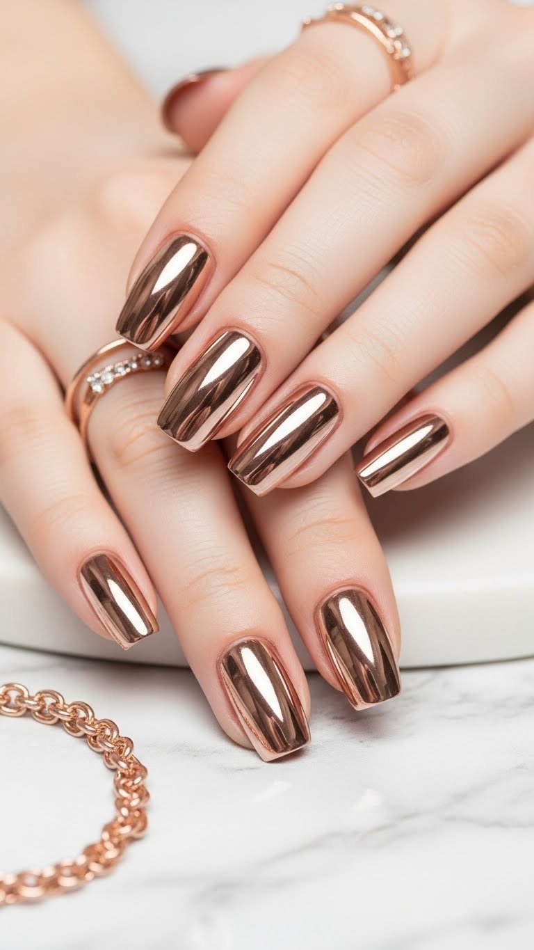 Close-up of intensely reflective rose gold mirror chrome nails on marble countertop with bright daylight