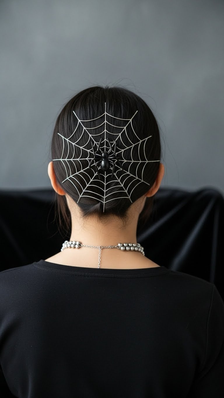 Close-up of intricate spider web hairstyle with black spider hair clip on dark hair against neutral gray background