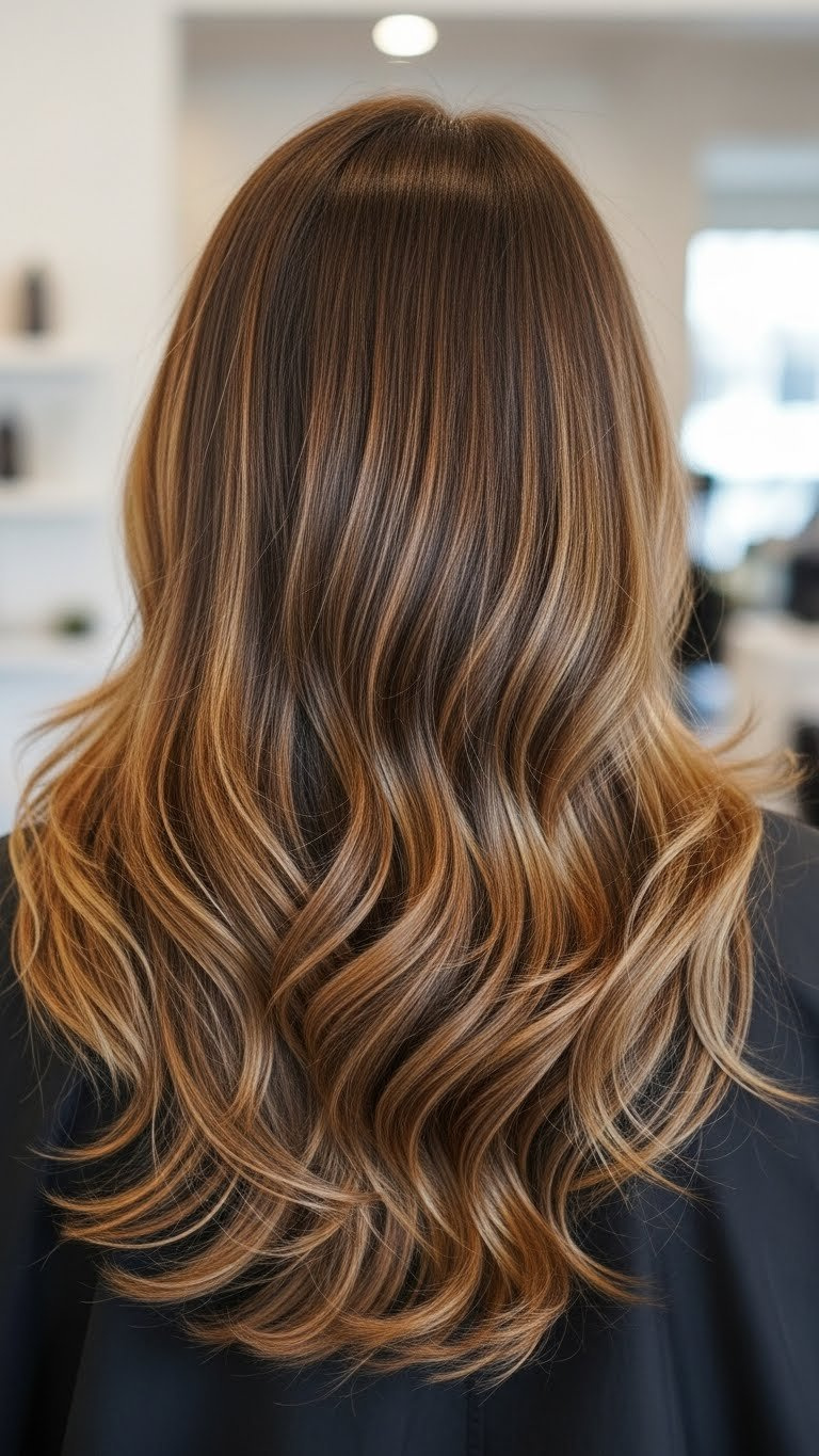 Close-up of layered thick hair with soft waves flowing naturally against a blurred salon background in warm golden brown tones.