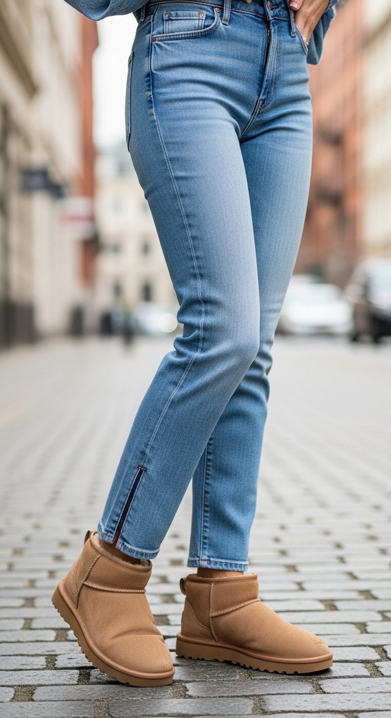 Close-up of light-wash straight-leg jeans cuffed over sand-colored Ugg boots on urban cobblestone sidewalk