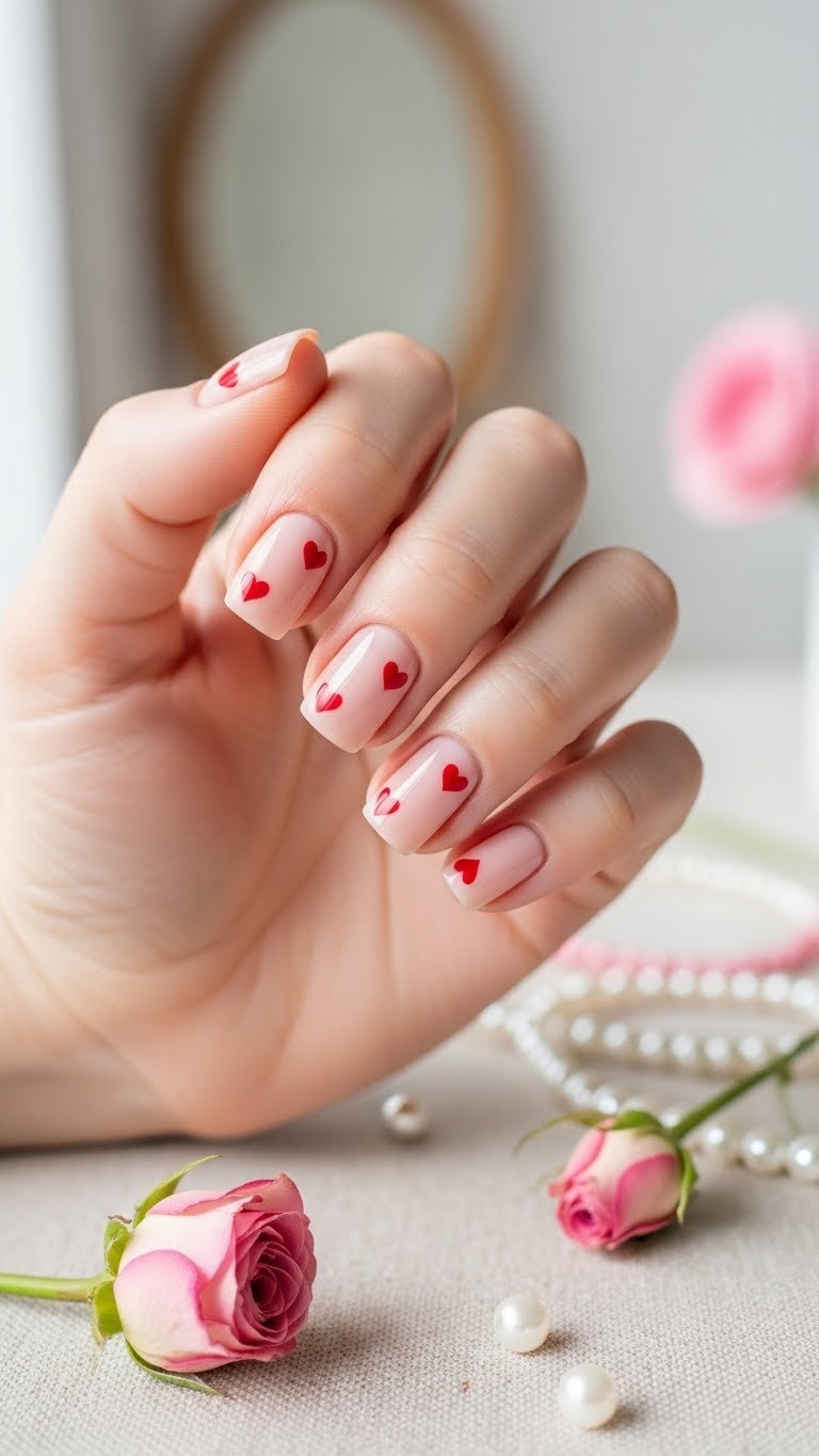 Close-up of manicured hand with nude pink square nails featuring two tiny red hearts painted with crisp edges