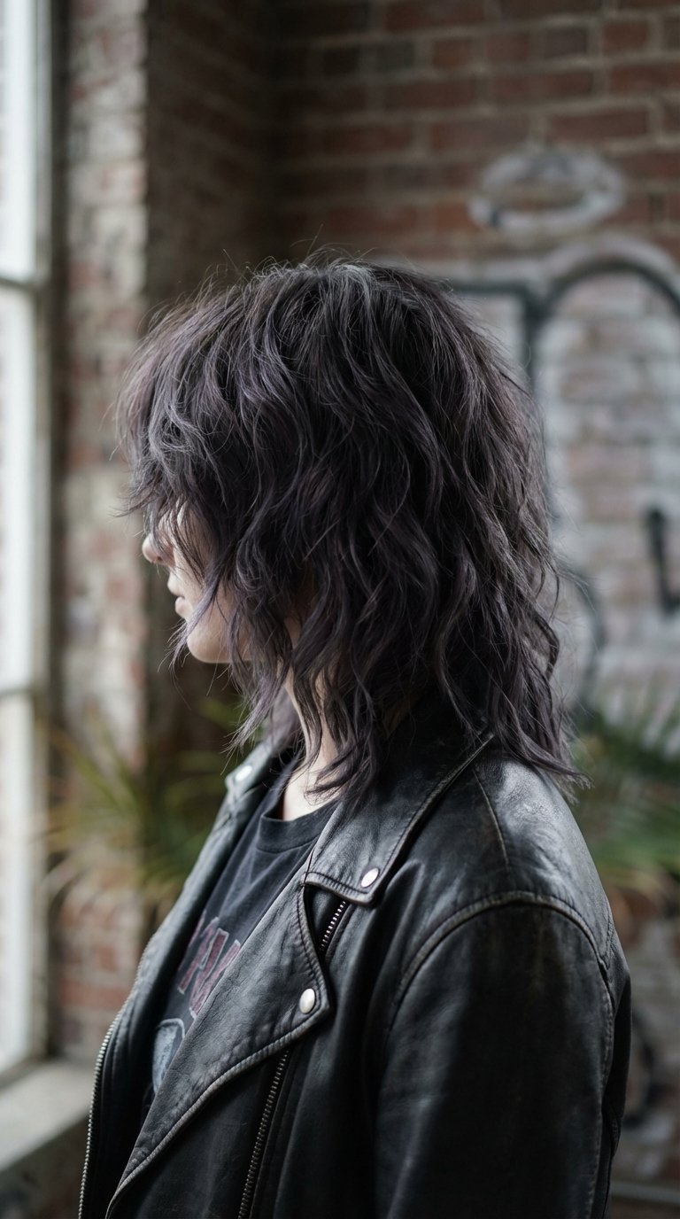 Close-up of medium length grunge hair with choppy layers and tousled texture against blurred urban brick wall backdrop