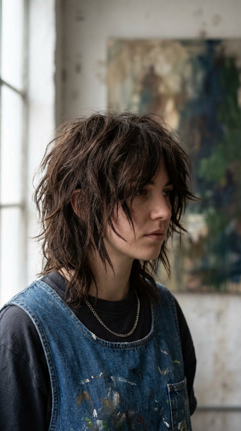 Close-up of medium length hair with choppy layers and fragmented texture in artistic studio with abstract painting background