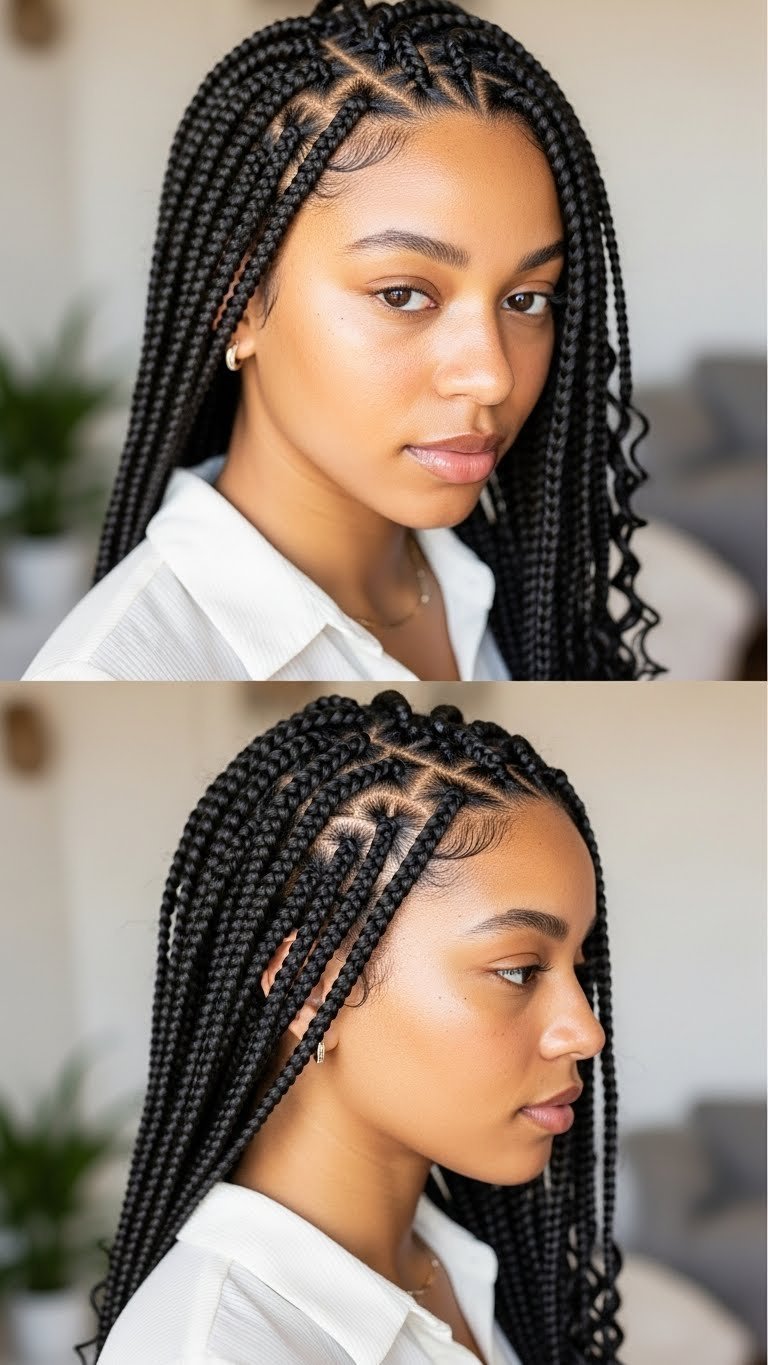 Close-up of newly installed knotless box braids with seamless scalp-friendly roots and curly ends against soft natural light backdrop
