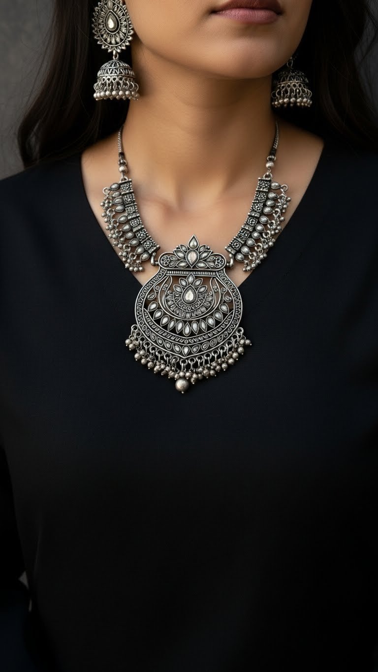 Close-up of oxidized silver statement necklace against black V-neck kurti with silver earrings