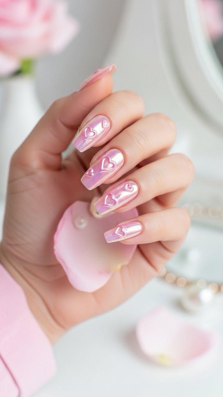 Close-up of perfectly manicured nails with iridescent pink chrome finish featuring delicate raised heart shapes against soft pink backdrop