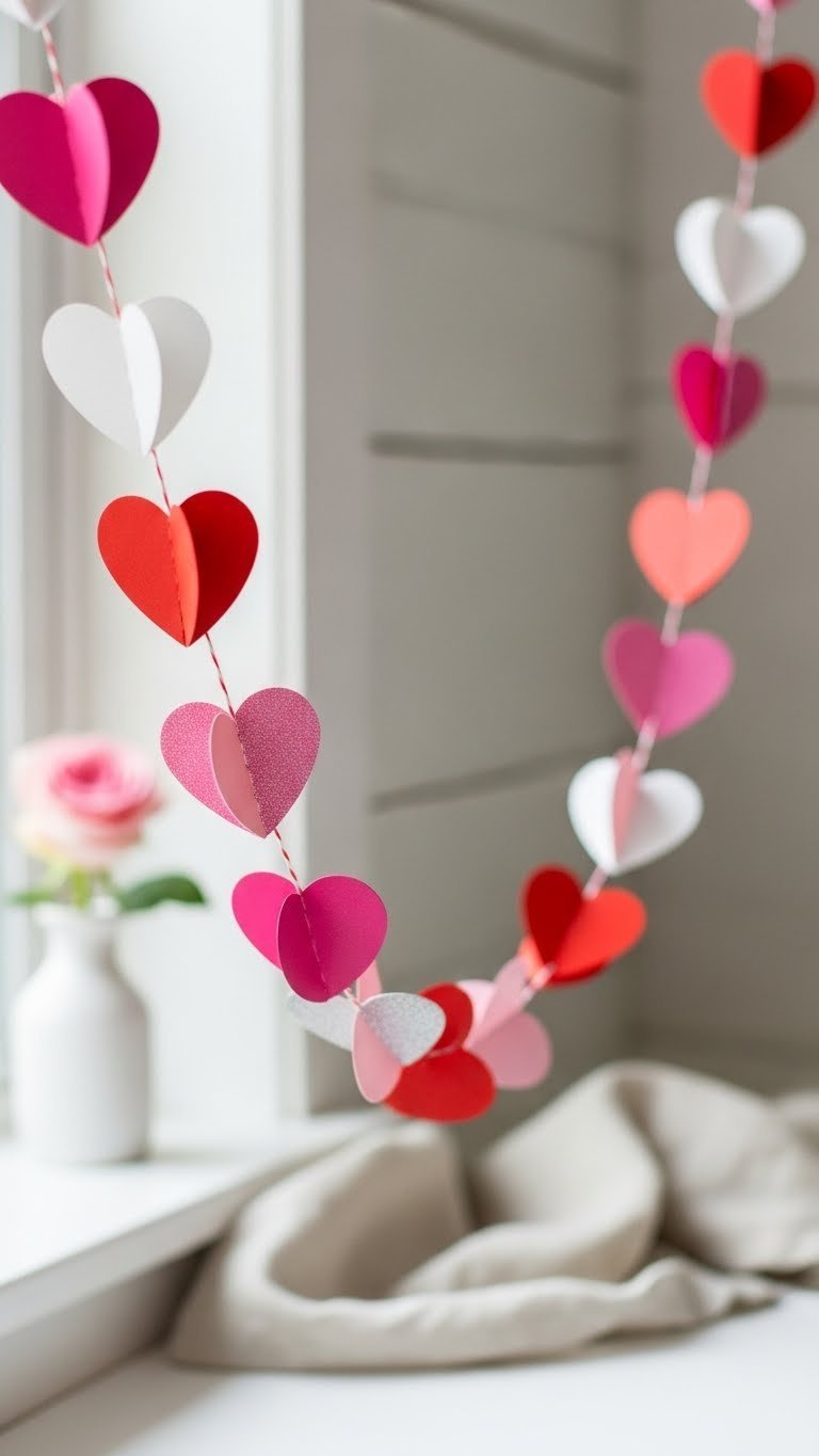 Close-up of pink, red, and white heart-shaped paper garland hanging with natural twine against soft blurred neutral background