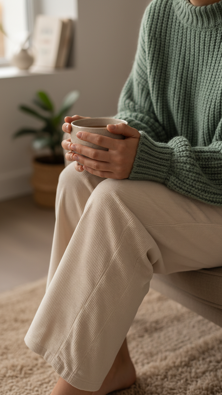 Close-up of sage green knit sweater and cream corduroy pants with ceramic mug in cozy armchair setting
