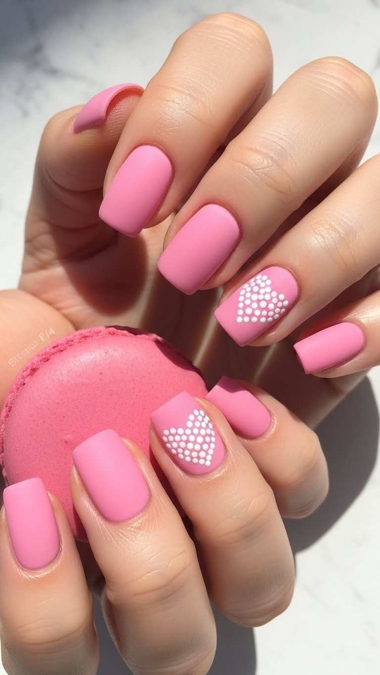 Close-up of short nails with baby pink matte polish and white polka dot heart design holding pink macaron